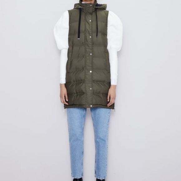 Zara | Jackets & Coats | Zara Black Quilted Padded Puffer Hodded Long Vest | Poshmark